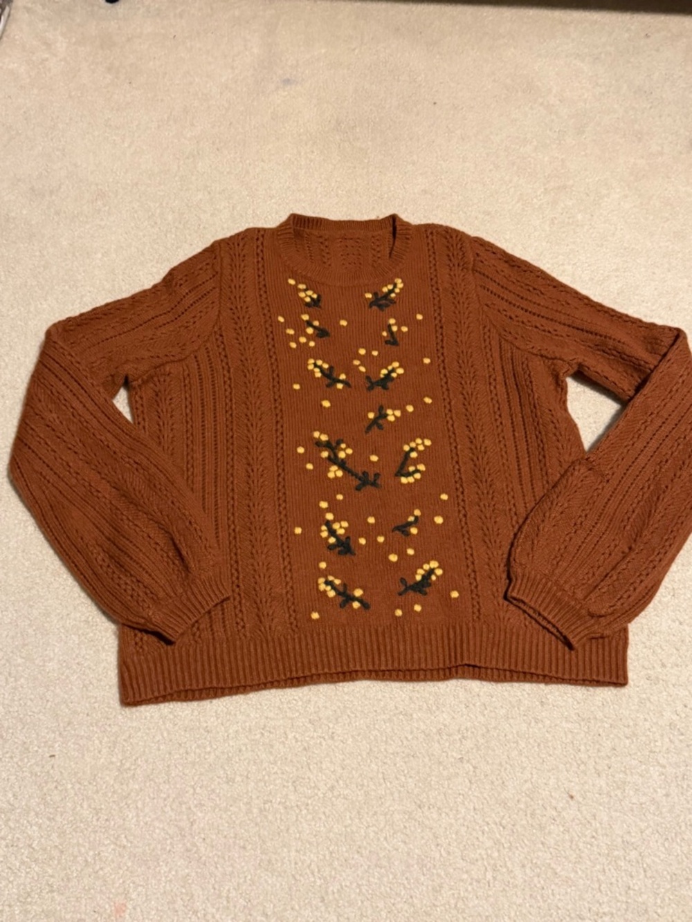 Sezane Gladys Rust Brown Knit Sweater with Yellow Floral Embroidery - Picture 3 of 7